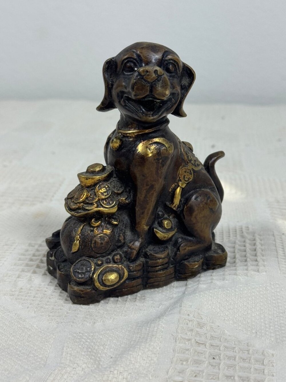 Brass Dog Figurine Sitting On Coins Gold Ingots Yuanbo Feng Shui Wealth Symbol